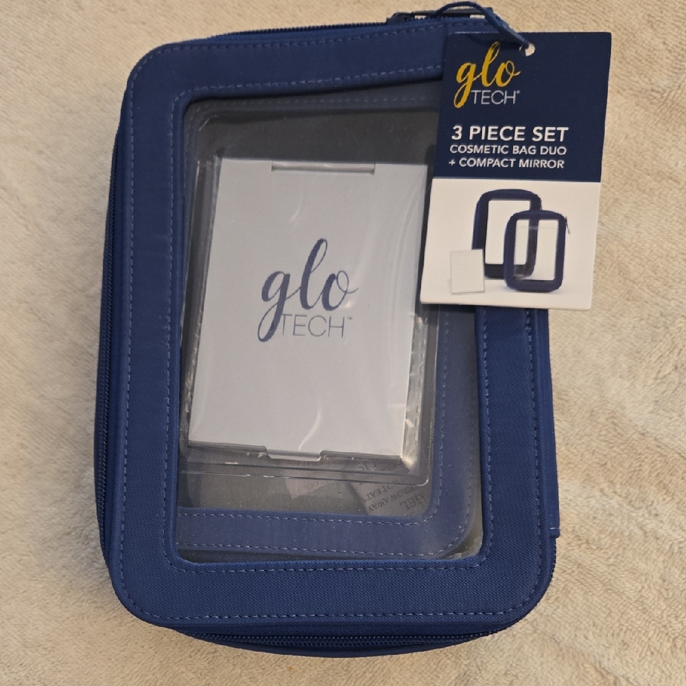 3-Piece Glo Tech Cosmetic Bag Set – Makeup Bag Duo with Compact Mirror (Blue)